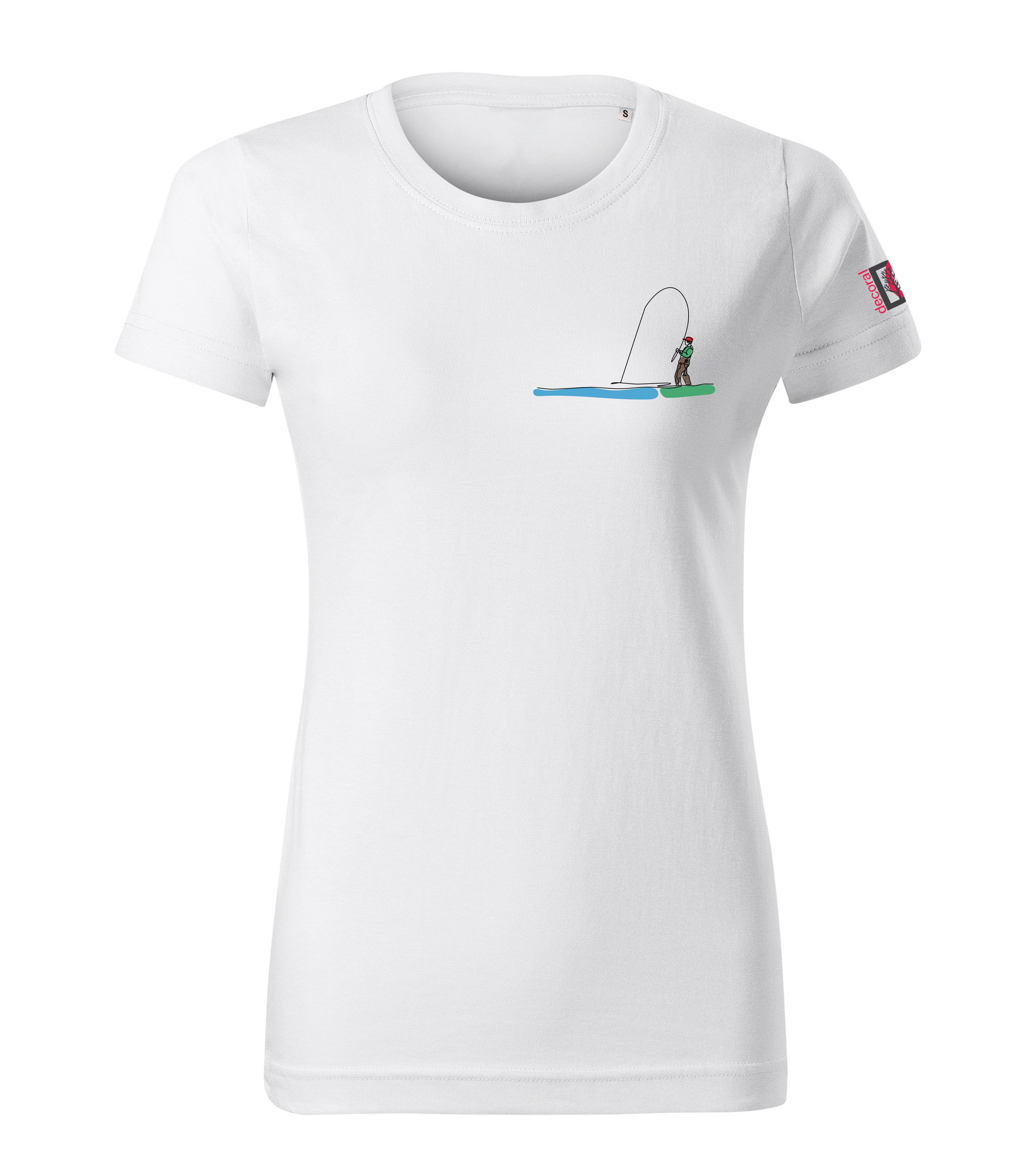 White T-shirt with colored one-line drawing of an angler