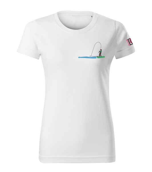 White T-shirt with colored one-line drawing of an angler
