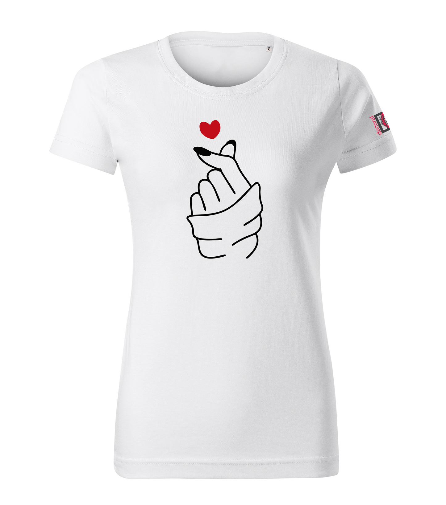 White T-shirt with heart hand sign