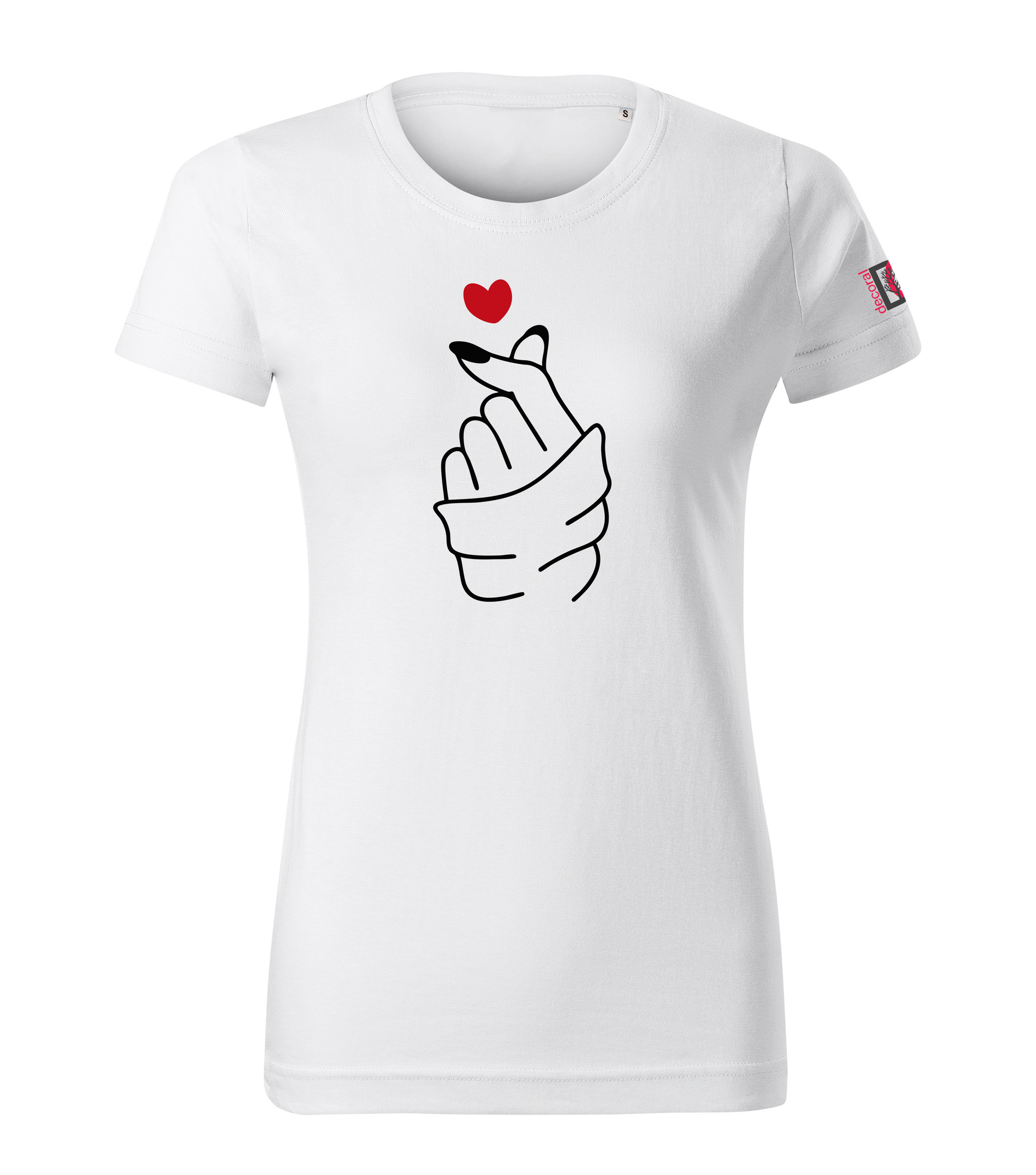 White T-shirt with heart hand sign