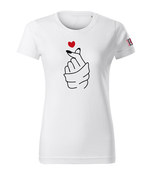 White T-shirt with heart hand sign