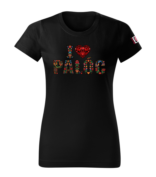 Black T-shirt with folk art embroidery design