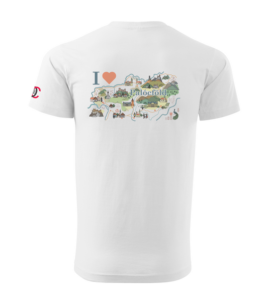 White men's t-shirt with a colorful graphic design picturing I love Palócföld