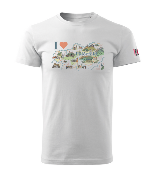 White men's t-shirt with a colorful graphic design picturing I love Palócföld
