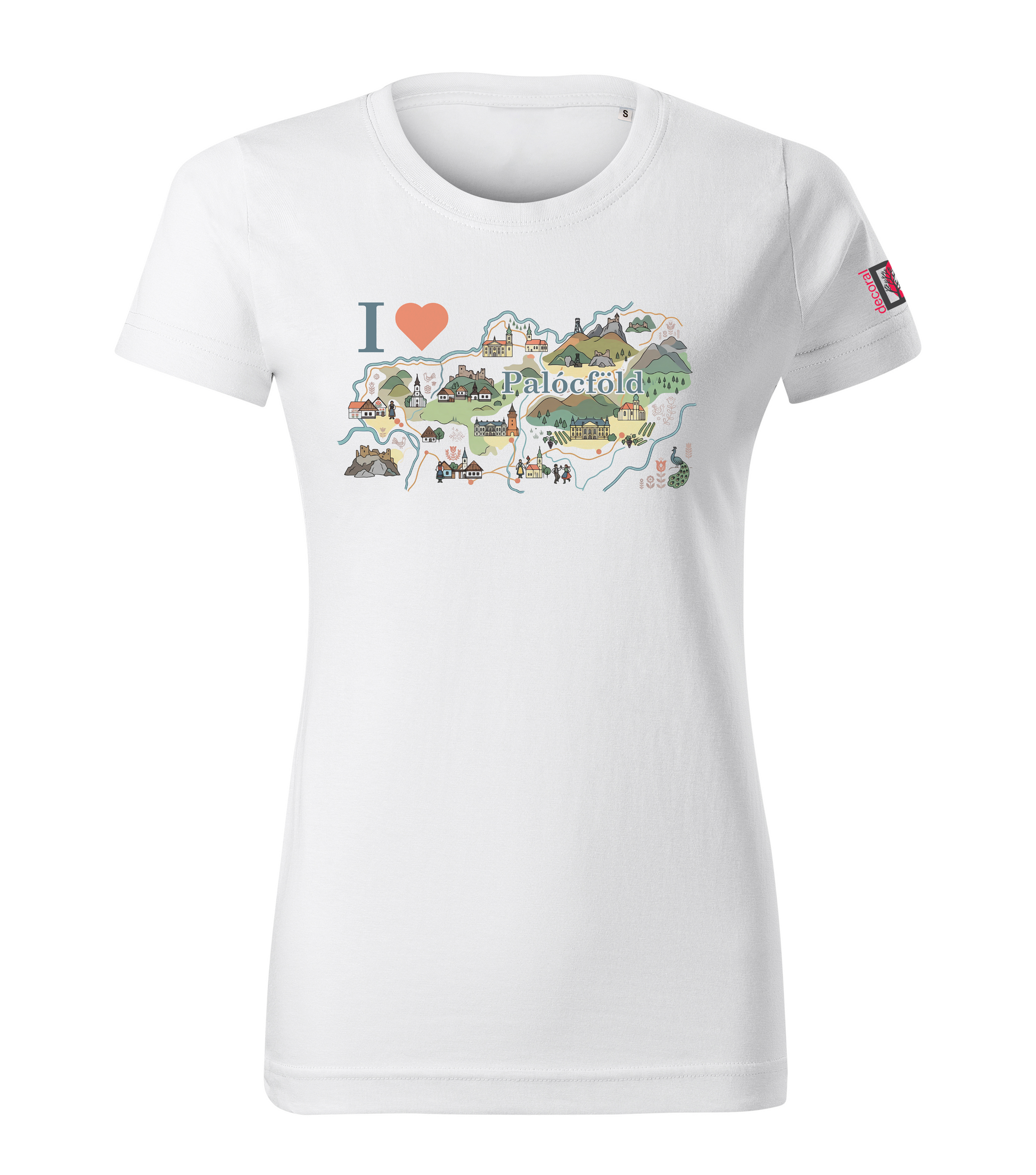 White women's t-shirt with a colorful graphic design picturing I love Palócföld