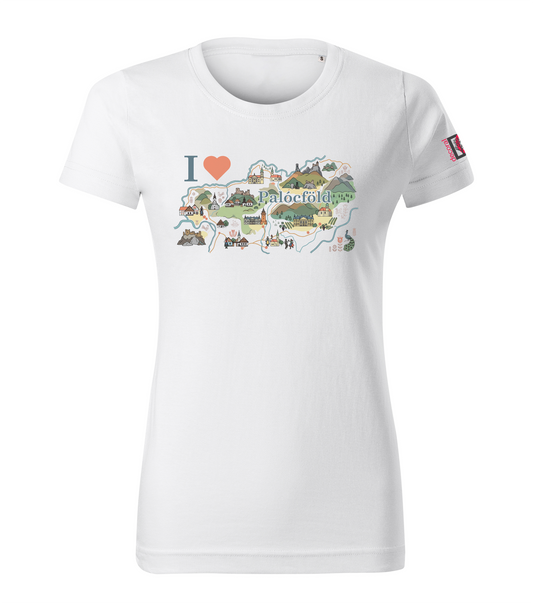 White women's t-shirt with a colorful graphic design picturing I love Palócföld