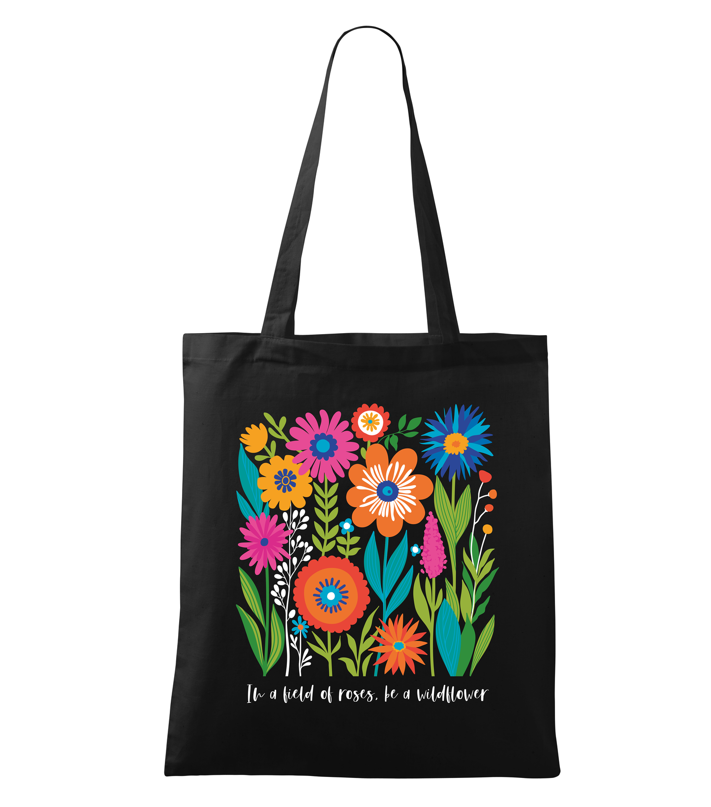 Black tote bag with colorful floral design and text on a white background