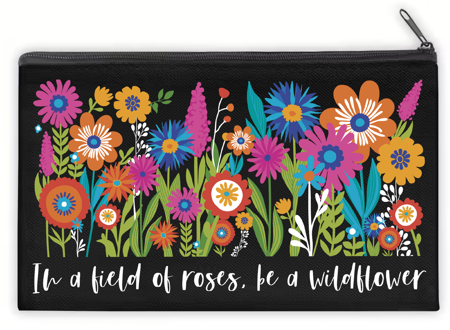 Black toiletry bag with wild flower graphics