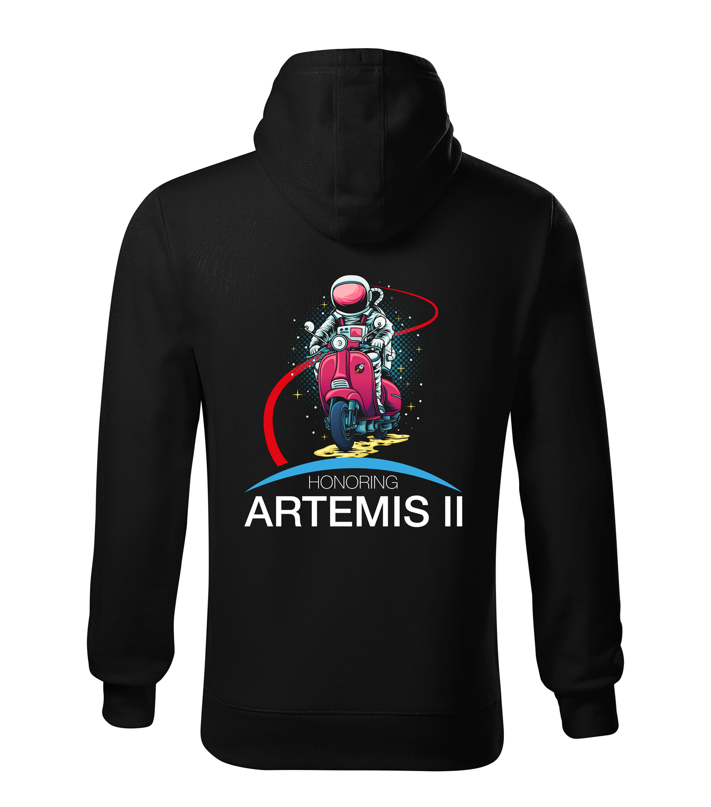 Black hoodie with an astronaut graphic and 'Honoring Artemis II' text on the back.