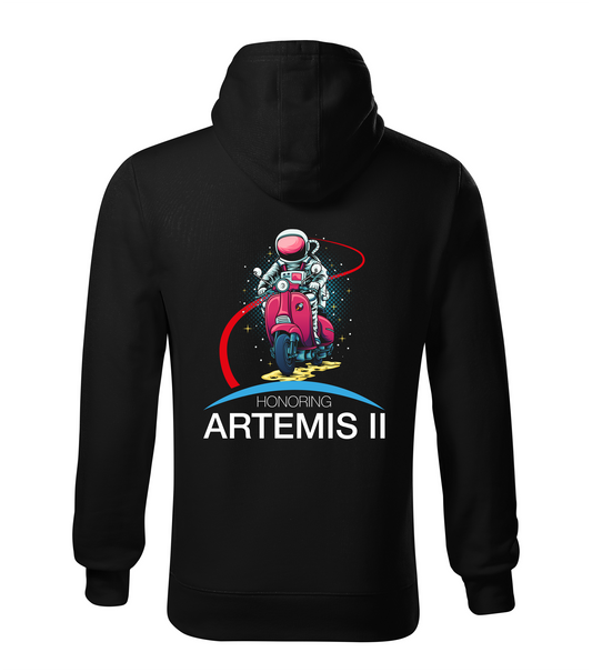 Black hoodie with an astronaut graphic and 'Honoring Artemis II' text on the back.