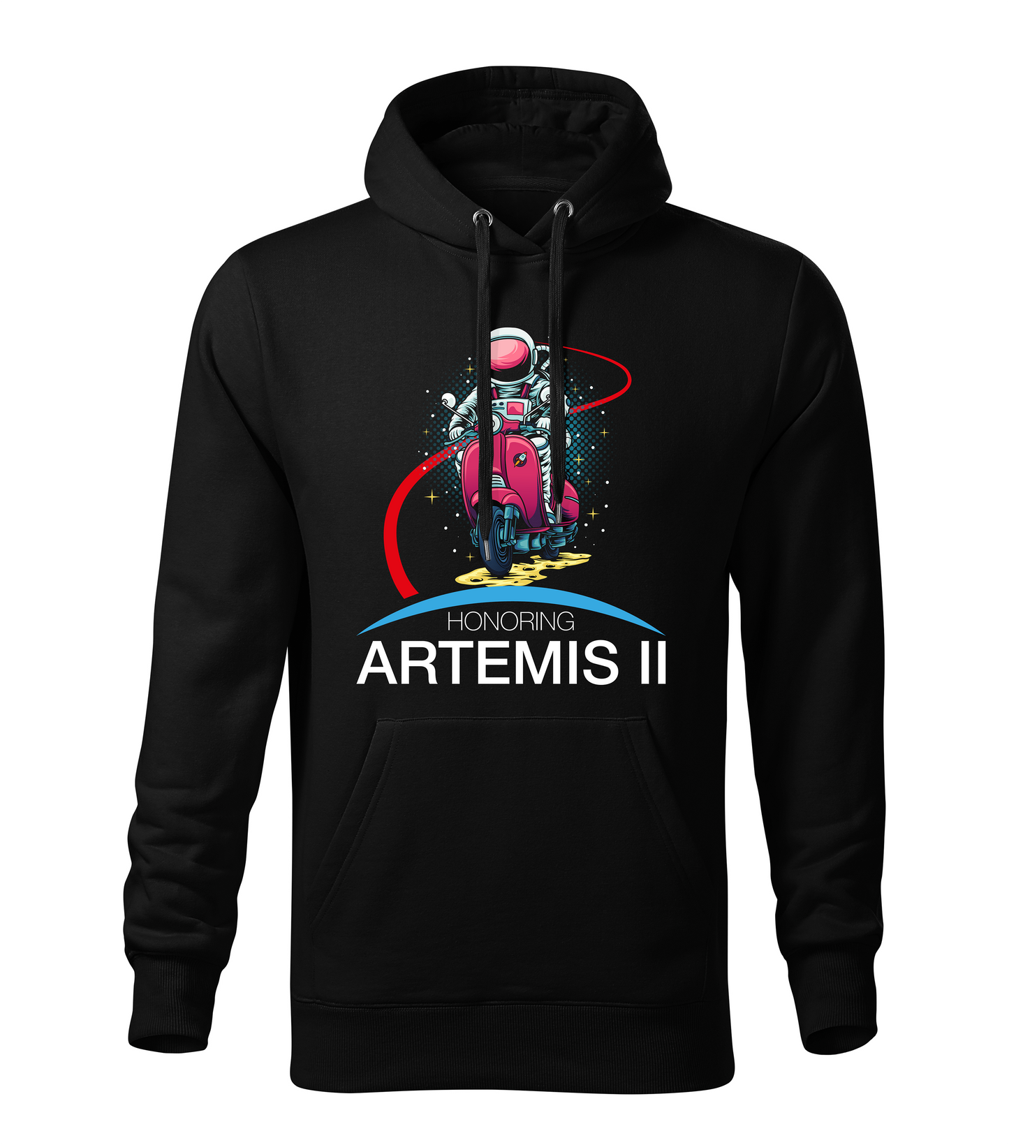 Black hoodie with an astronaut graphic and 'Honoring Artemis II' text.