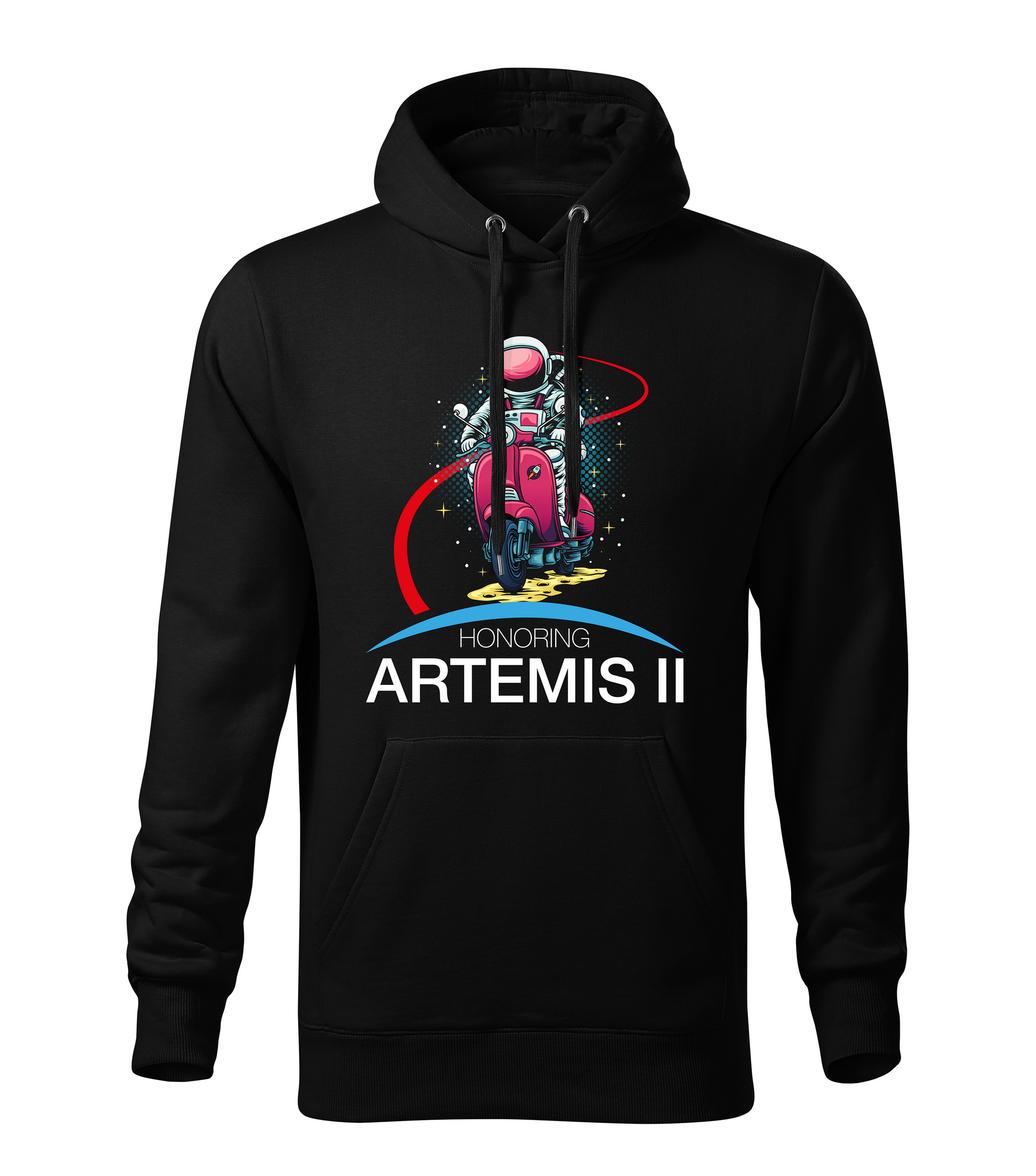 Black hoodie with an astronaut graphic and 'Honoring Artemis II' text.