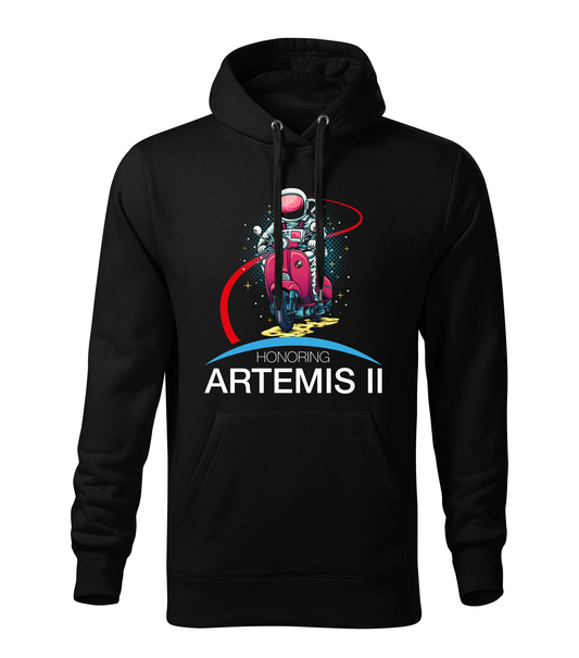 Black hoodie with an astronaut graphic and 'Honoring Artemis II' text.