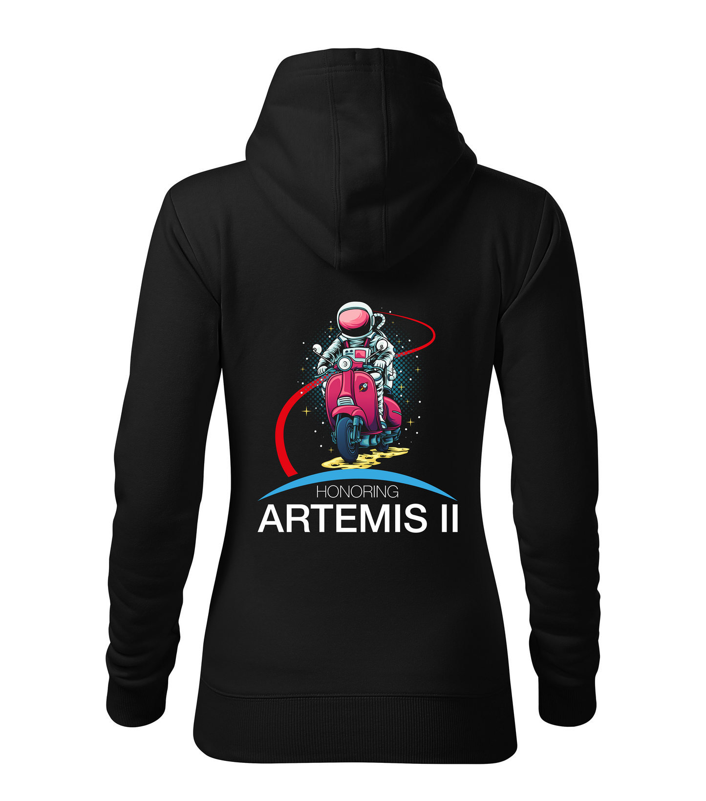Black hoodie with a space-themed graphic and 'Honoring Artemis II' text on the back.
