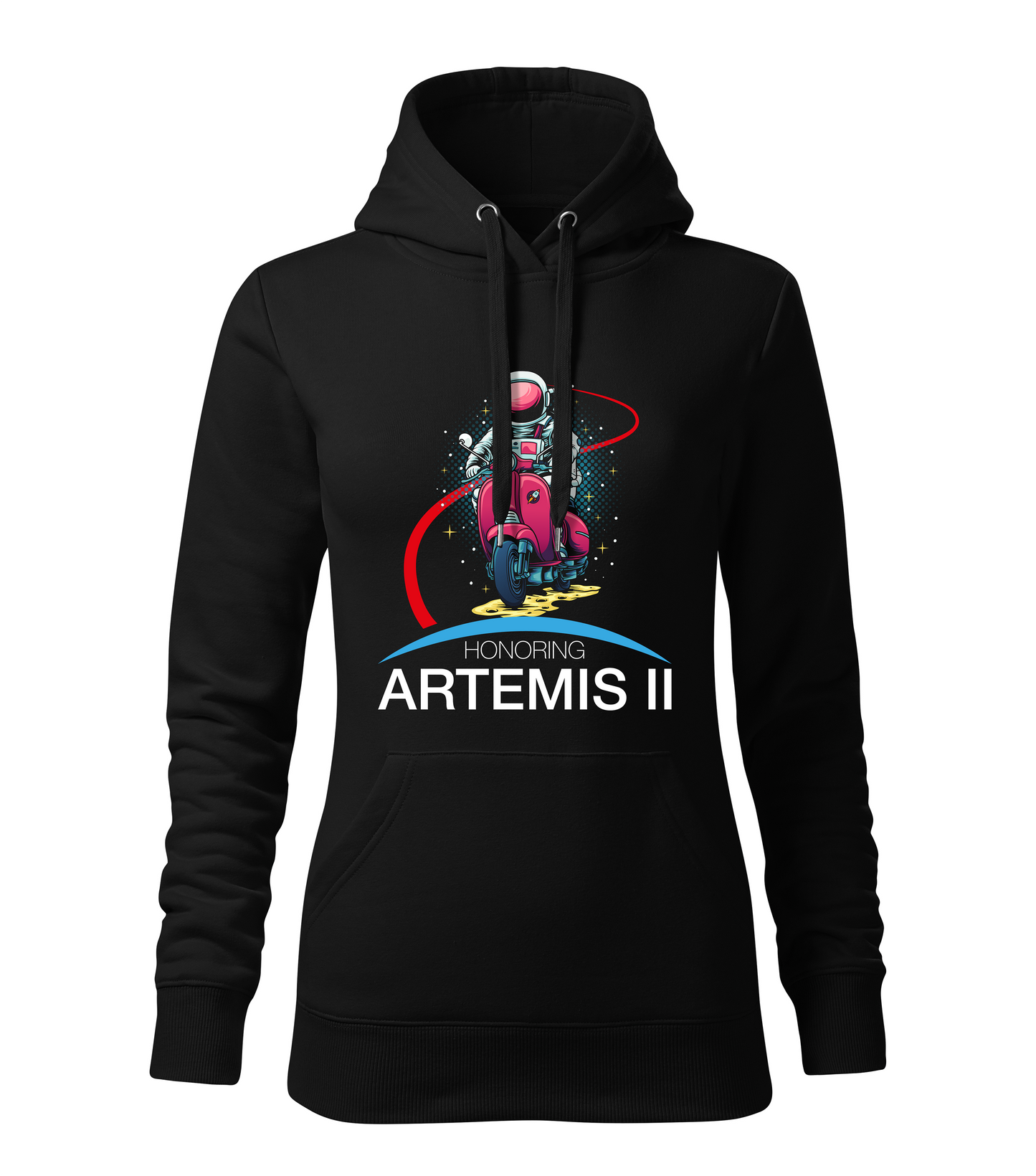 Black hoodie with a space-themed graphic and 'Honoring Artemis II'.