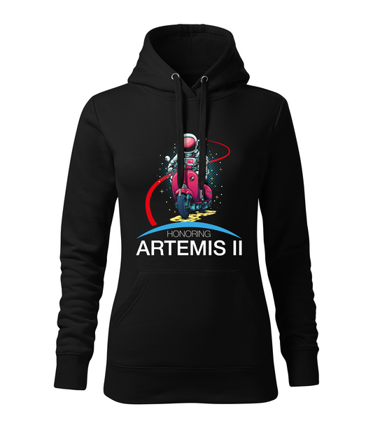 Black hoodie with a space-themed graphic and 'Honoring Artemis II'.