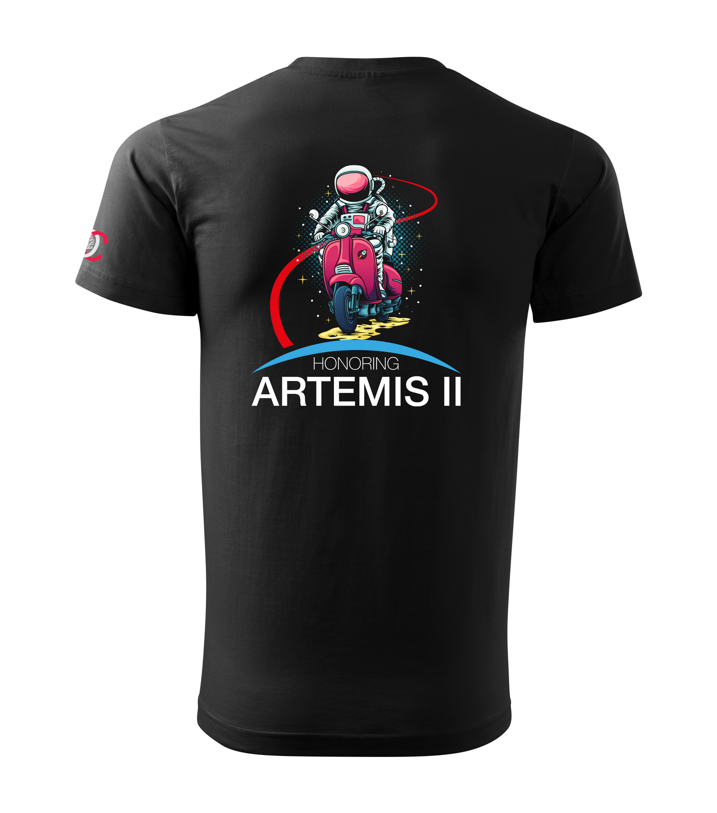 Black T-shirt with Artemis 2 design on the back
