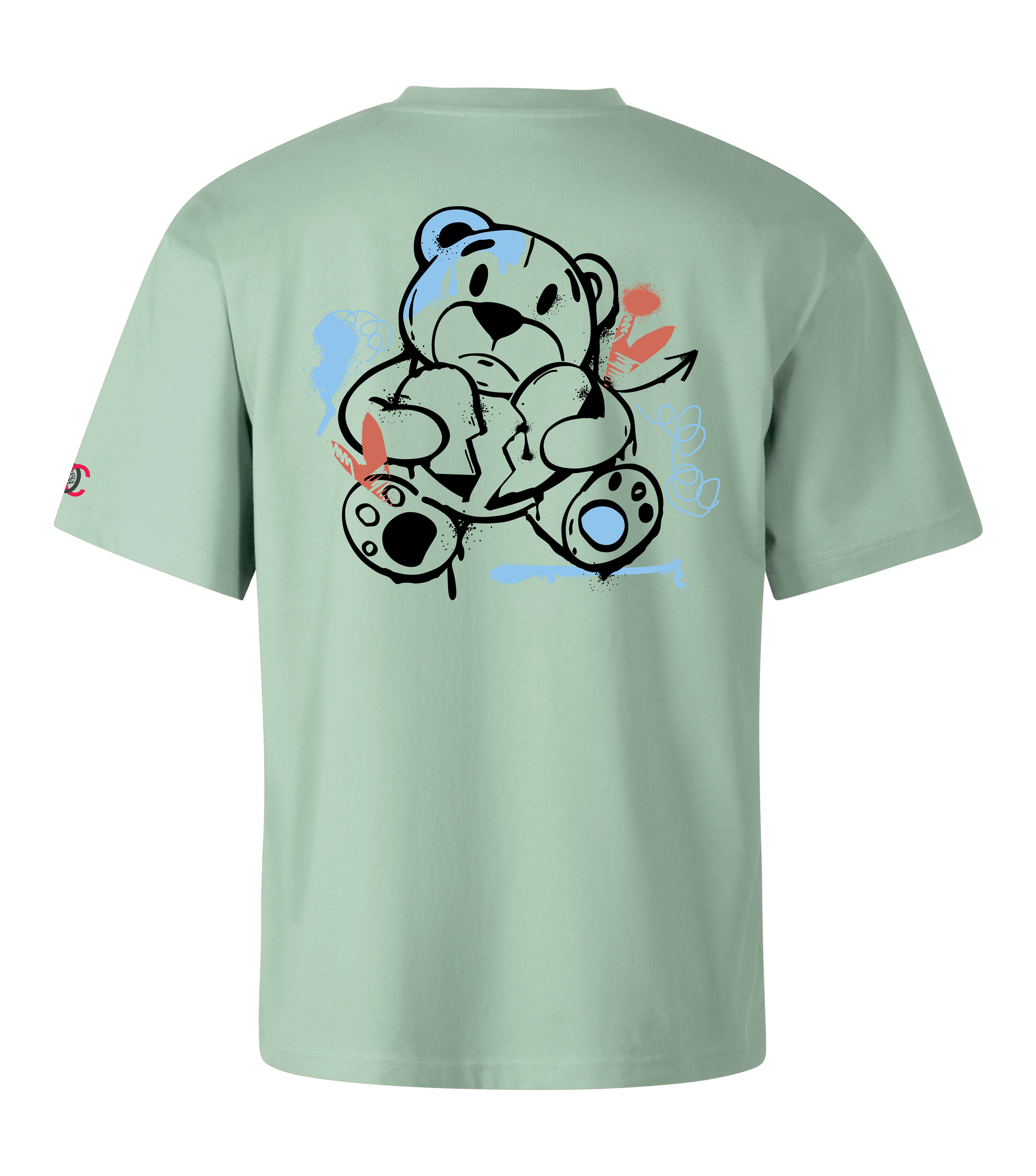 Green oversized T-shirt with graffiti design on the back