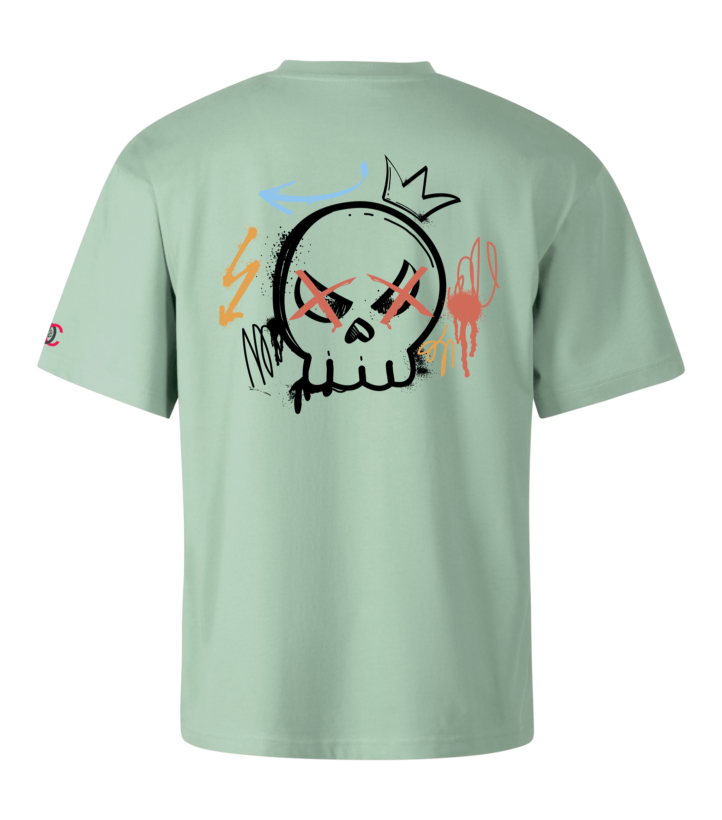 Green oversized T-shirt with graffiti design on the back