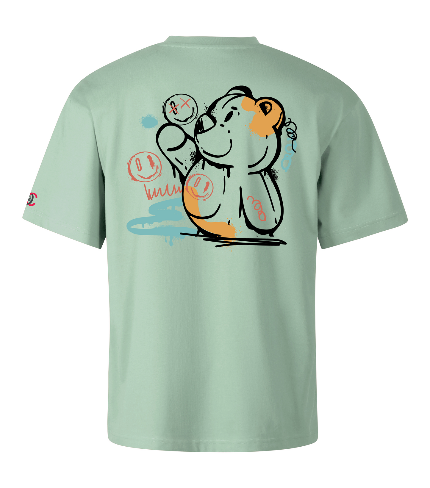 Green oversized T-shirt with graffiti design on the back