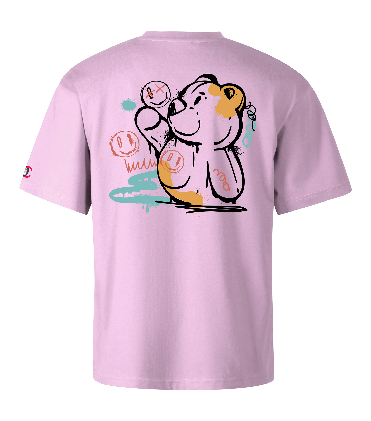 Pink oversized T-shirt with graffiti design on the back