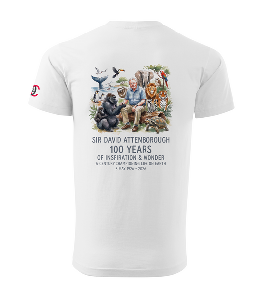 White t-shirt with Sir David Attenborough 100th birthday graphic and text