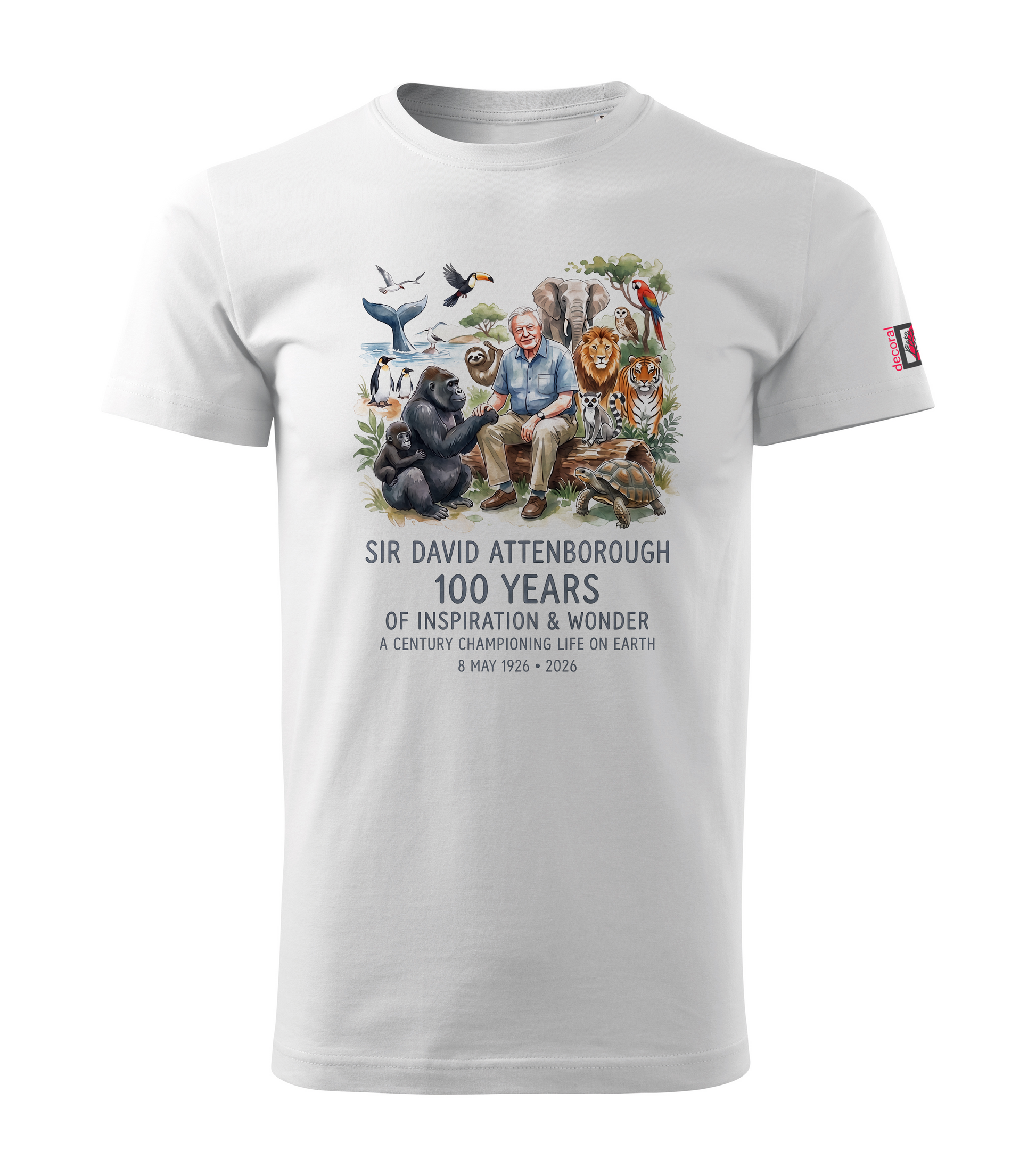 White t-shirt with Sir David Attenborough 100th birthday graphic and text