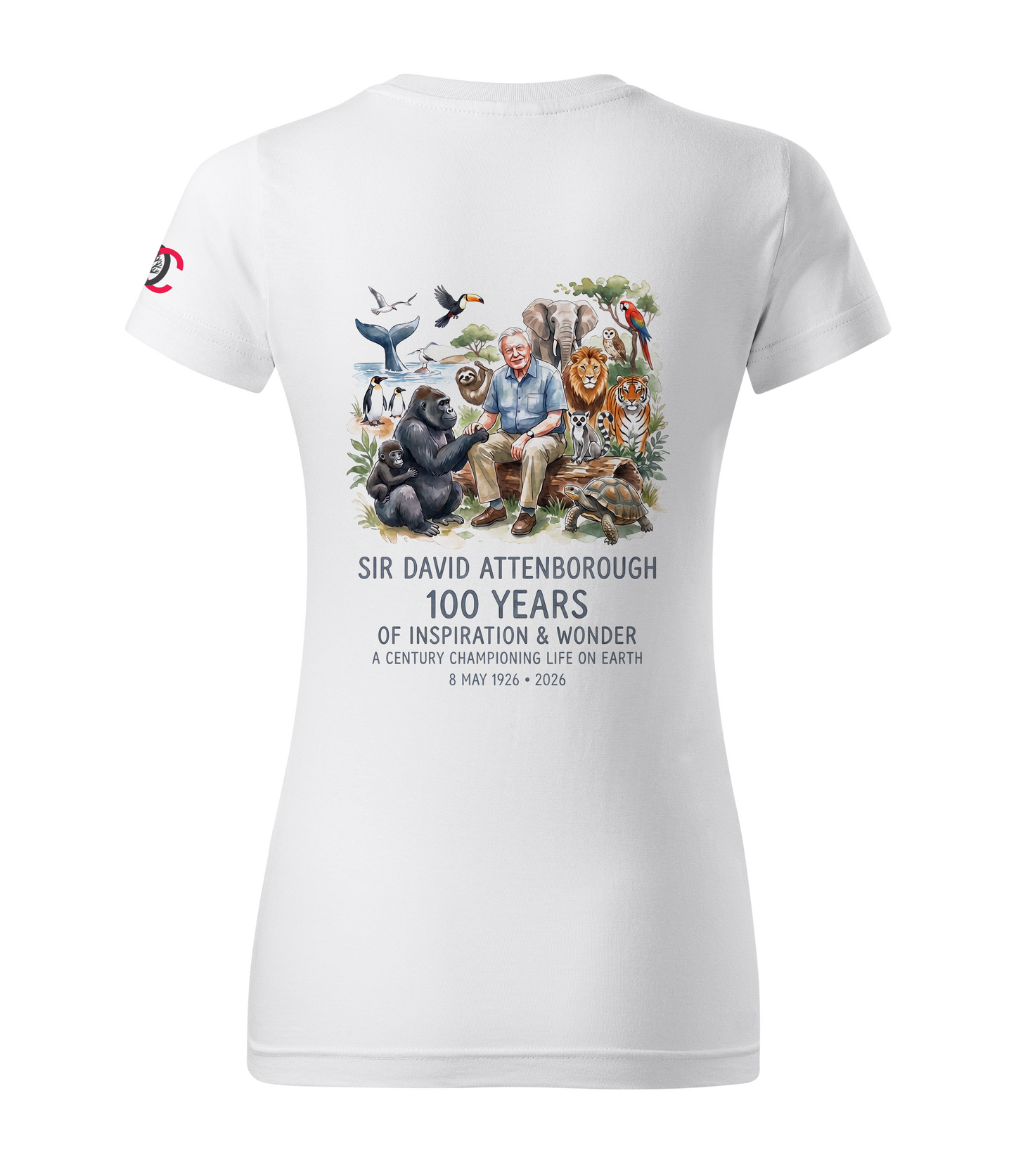White t-shirt with Sir David Attenborough 100th birthday graphic and text