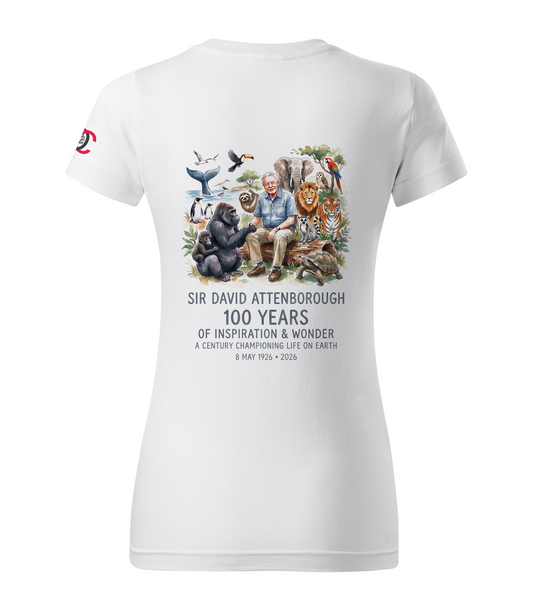 White t-shirt with Sir David Attenborough 100th birthday graphic and text