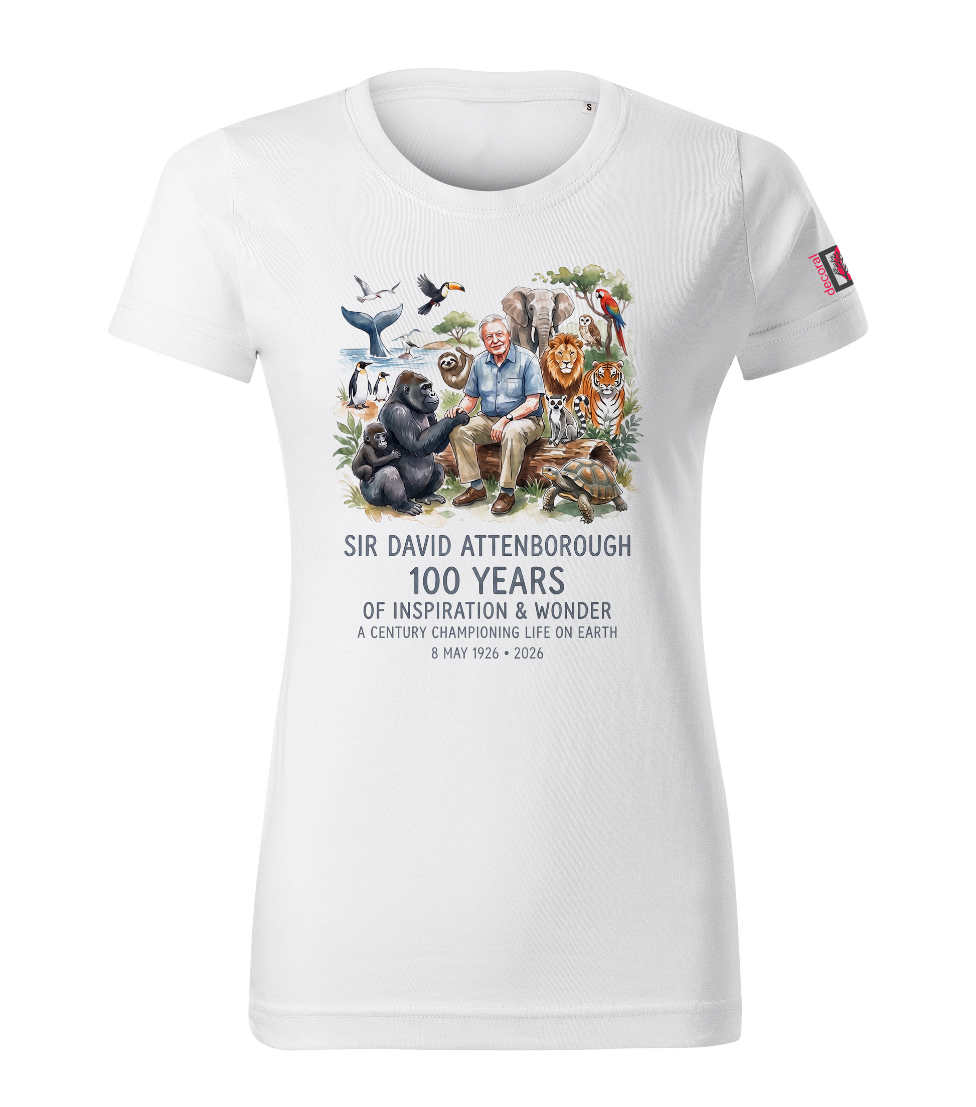 White t-shirt with Sir David Attenborough 100th birthday graphic and text