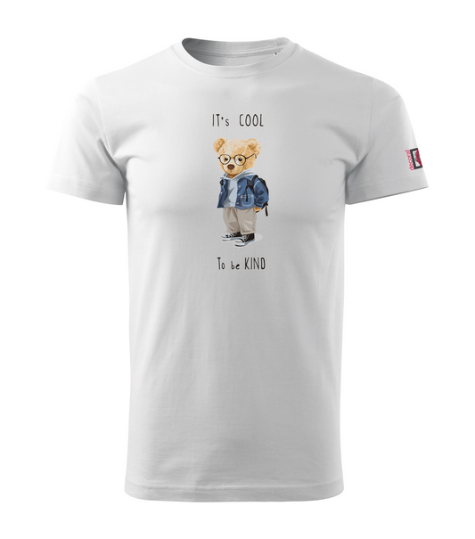 White T-shirt with Teddy Bear - It's cool to be kind design
