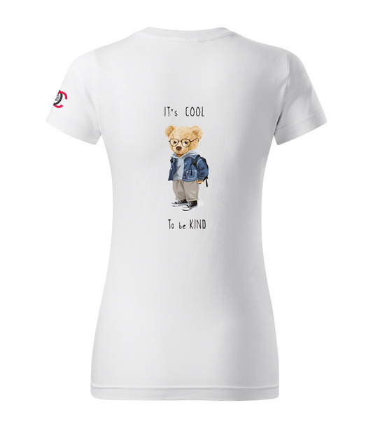 White T-shirt with Teddy Bear - It's cool to be kind design
