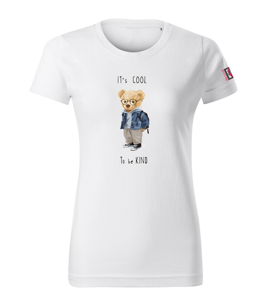 White T-shirt with Teddy Bear - It's cool to be kind design