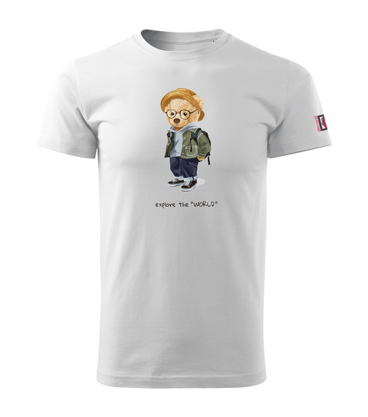 White T-shirt with Teddy Bear - Explore the World design
