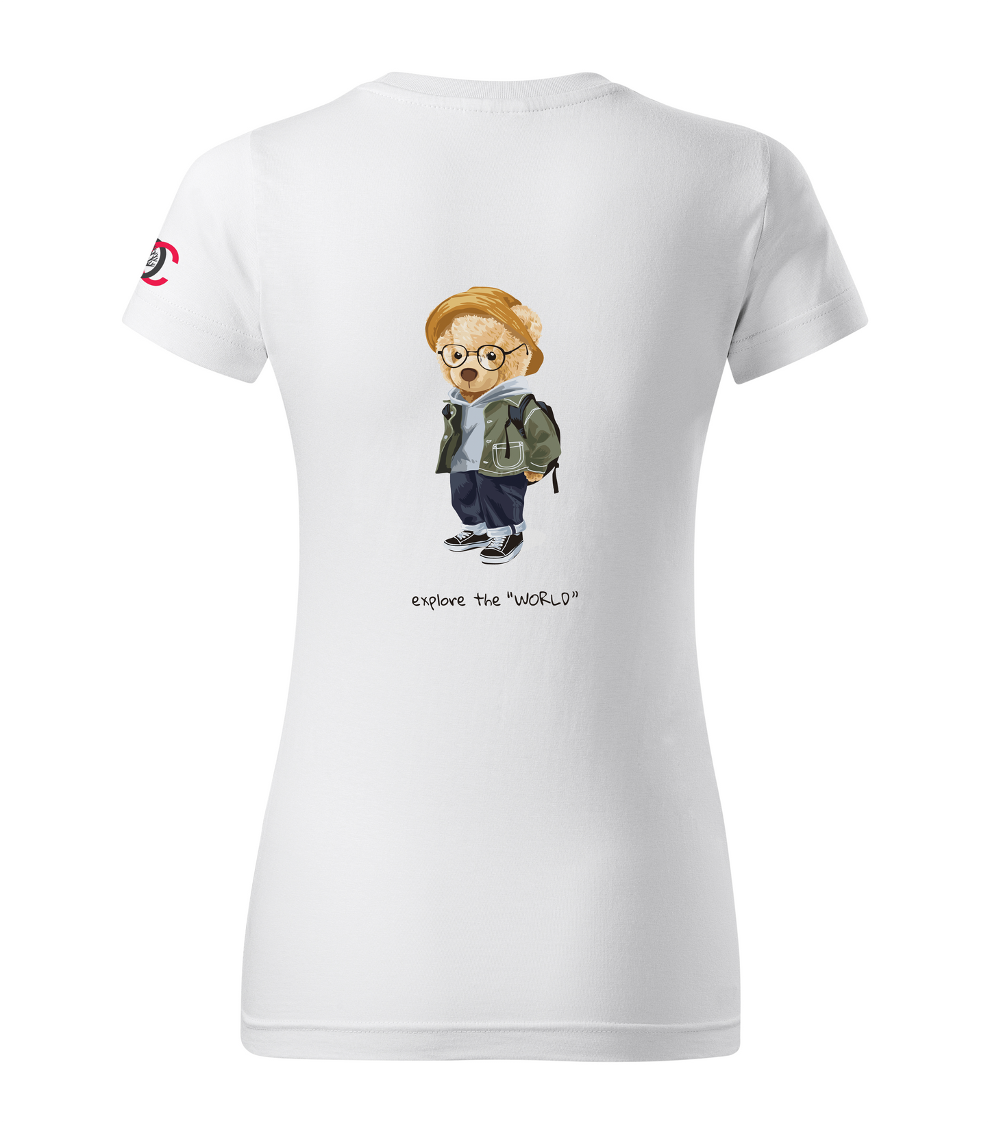 White T-shirt with Teddy Bear - Explore the World design