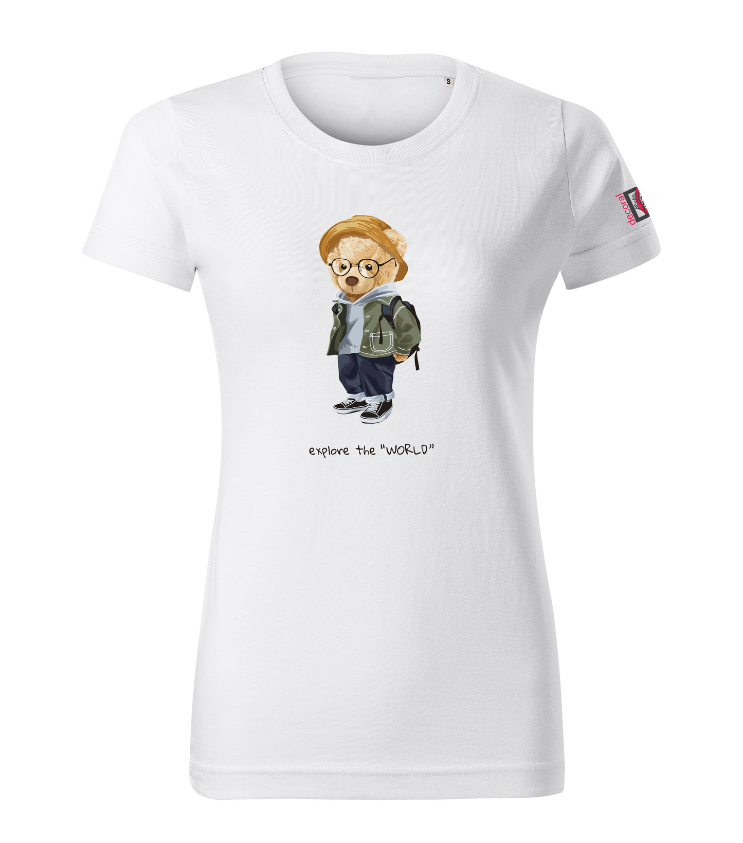 White T-shirt with Teddy Bear - Explore the World design