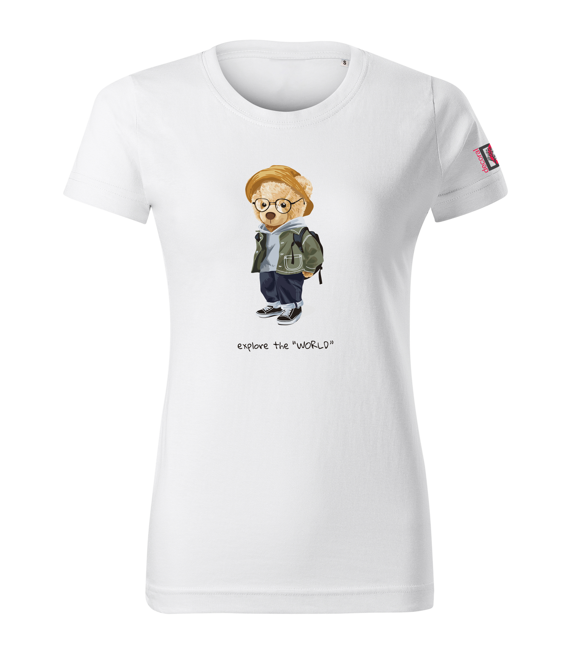 White T-shirt with Teddy Bear - Explore the World design