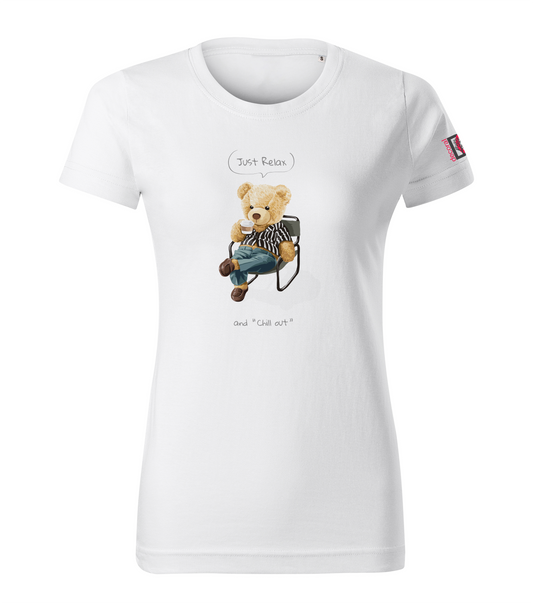 White T-shirt with Teddy Bear - Just relax and chill out design