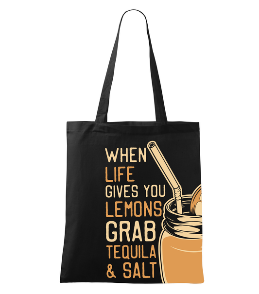 Black tote bag with tequila and salt graphic and text