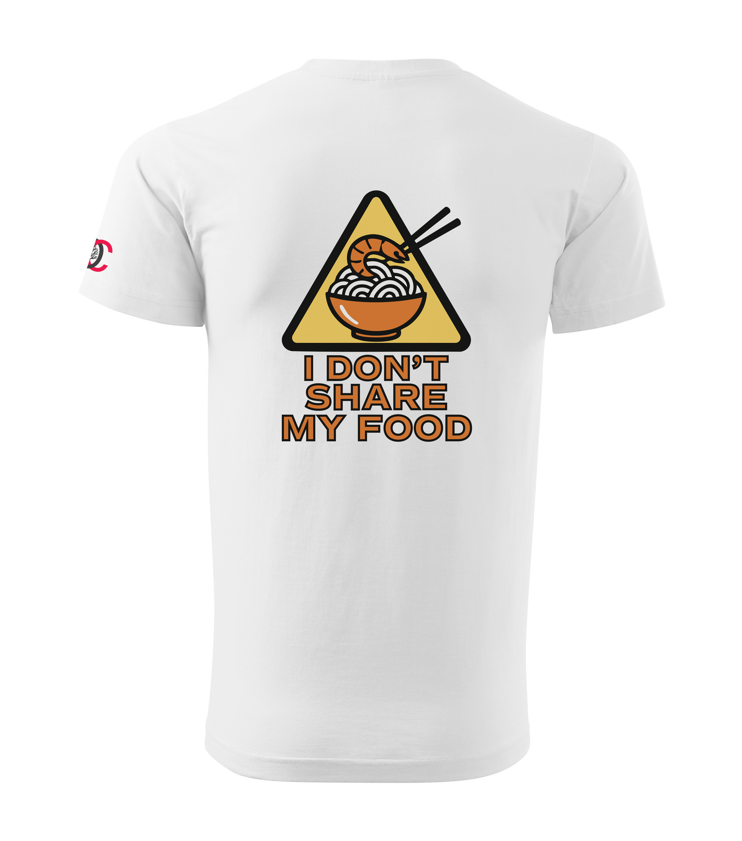 White t-shirt with a graphic design featuring a bowl of noodles and chopsticks on a yellow triangle, with text 'I Don't Share My Food'.