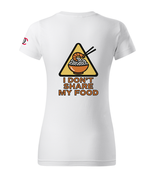 White t-shirt with a graphic design featuring a bowl of noodles and chopsticks on a yellow triangle, with text 'I Don't Share My Food'.