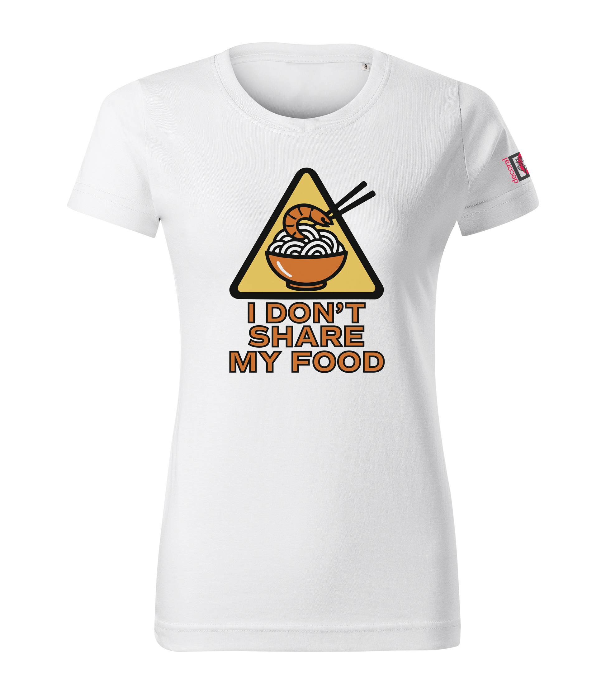 White t-shirt with a graphic design featuring a bowl of noodles and chopsticks on a yellow triangle, with text 'I Don't Share My Food'.