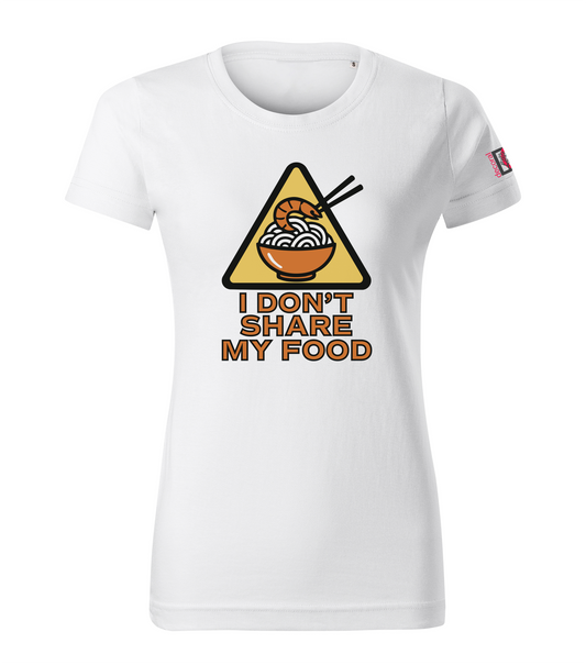 White t-shirt with a graphic design featuring a bowl of noodles and chopsticks on a yellow triangle, with text 'I Don't Share My Food'.
