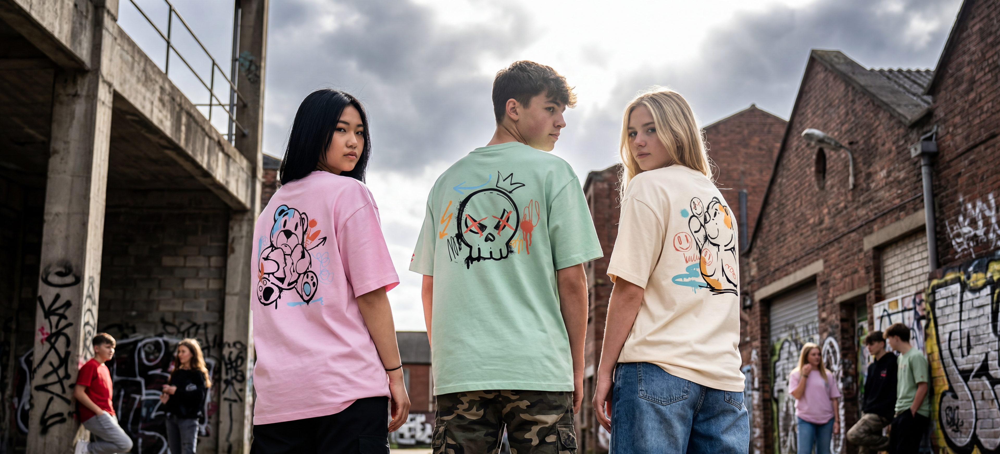 Three young people wearing oversized t-shirts with DeCoral graphic designs walking in an urban setting.